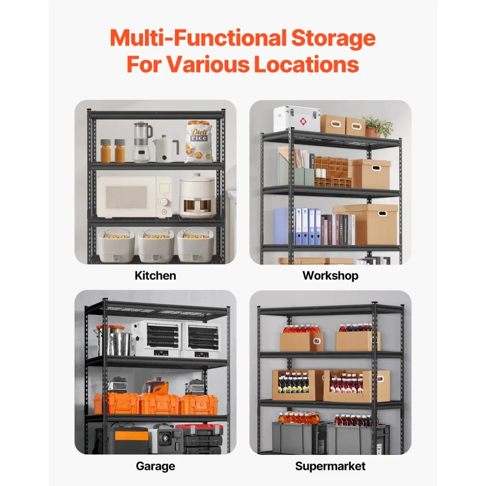 VEVOR Storage Shelves, 2500 lbs, 5 Tier Heavy Duty Garage Shelving, 18" D x 48" W x 72" H Adjustable Metal Shelves for Industrial Shelving Unit Utility Shelf, for Kitchen, Warehouse, Basement, Black