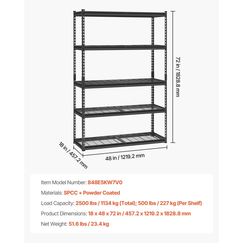 VEVOR Storage Shelves, 2500 lbs, 5 Tier Heavy Duty Garage Shelving, 18" D x 48" W x 72" H Adjustable Metal Shelves for Industrial Shelving Unit Utility Shelf, for Kitchen, Warehouse, Basement, Black
