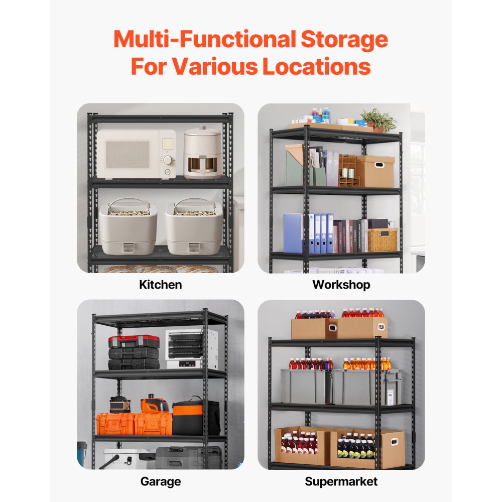 VEVOR Storage Shelves, 2400 lbs, 4 Tier Heavy Duty Garage Shelving, 20" D x 40" W x 60" H Adjustable Metal Shelves for Industrial Shelving Unit Utility Shelf, for Kitchen, Warehouse, Basement, Black