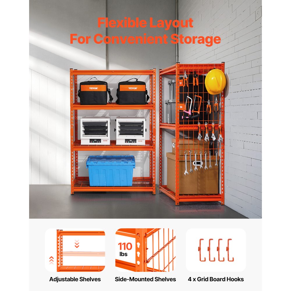 VEVOR Storage Shelves, 2400 lbs, 4 Tier Heavy Duty Garage Shelving, 20" D x 40" W x 60" H Adjustable Metal Shelves for Industrial Shelving Unit Utility Shelf, for Kitchen, Warehouse, Basement, Orange