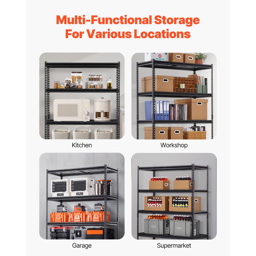 VEVOR Storage Shelves, 3000 lbs, 5 Tier Heavy Duty Garage Shelving, 20" D x 48" W x 72" H Adjustable Metal Shelves for Industrial Shelving Unit Utility Shelf, for Kitchen, Warehouse, Basement, Black