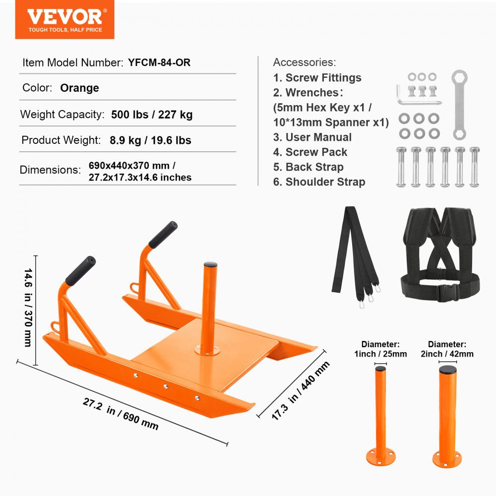 VEVOR Weight Training Pull Sled, Fitness Strength Speed Training Sled with Handle, Steel Power Sled Workout Equipment for Athletic Exercise & Speed Improvement, Suitable for 1"&2" Weight Plate, Orange
