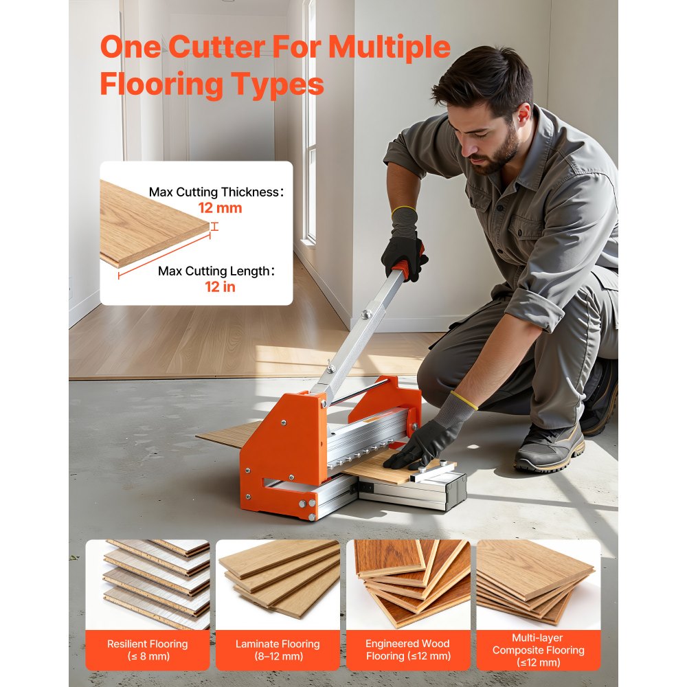 VEVOR 12 inch Vinyl Floor Cutter, 12mm Thick Laminate Flooring Cutter with Upgraded Labor-Saving Aluminum-Alloy Lever, Telescoping Support Plate, Cuts Certain Engineered Wood, LVT, VCT, SPC, LVP, WPC