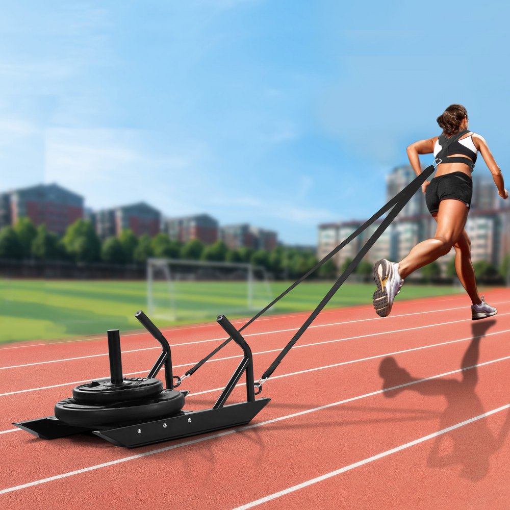VEVOR Weight Training Pull Sled, Fitness Strength Speed Training Sled with Handle, Steel Power Sled Workout Equipment for Athletic Exercise & Speed Improvement, Suitable for 1"&2" Weight Plate, Black
