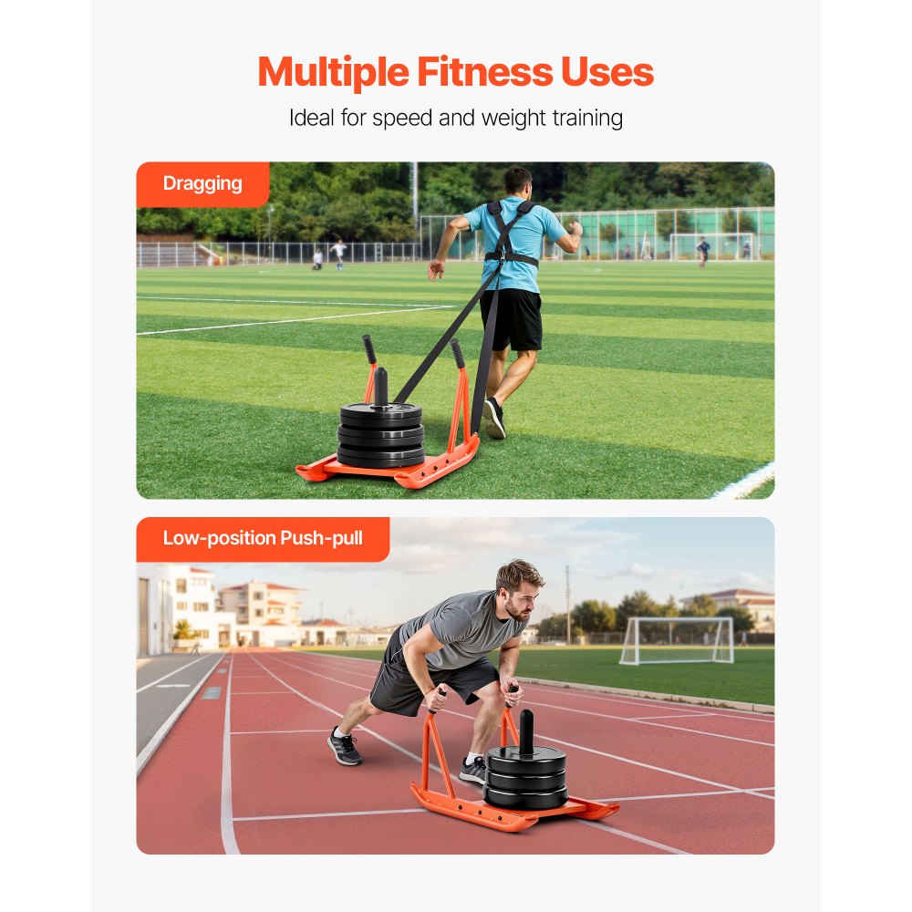 VEVOR Weight Sled, Steel Power Sled, Fitness Strength Training Sleds for Athletic Exercise Speed Improvement, Workout Fitness Equipment with Handle, Compatible with 1/2 in Weight Plates, Orange