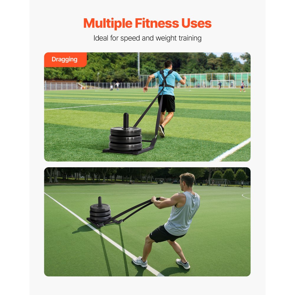 VEVOR Weight Sled, Steel Power Sled, Fitness Strength Training Sleds for Athletic Exercise Speed Improvement, Workout Fitness Equipment with Harness, Compatible with 1/2 in Weight Plates, Black