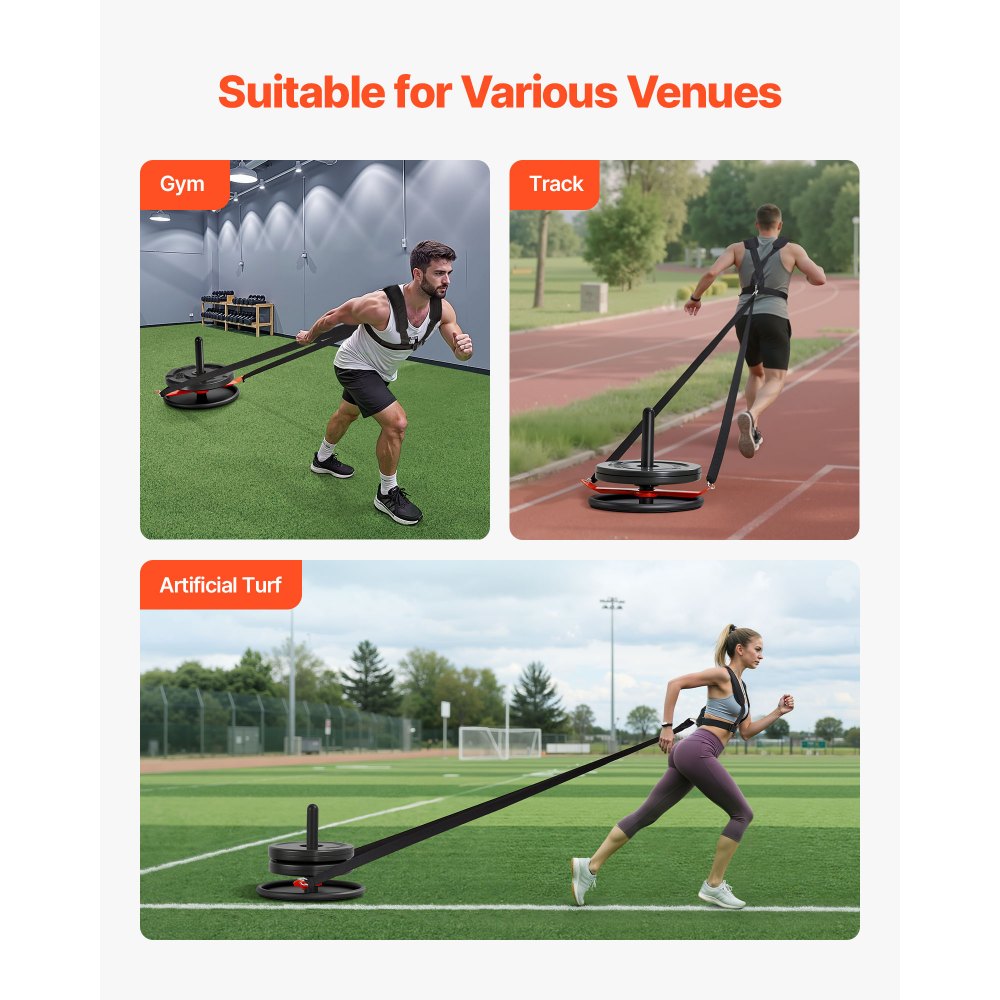 VEVOR Weight Sled, Steel Power Sled, Fitness Strength Training Sleds for Athletic Exercise Speed Improvement, Workout Fitness Equipment with Harness, Compatible with 2 in Weight Plate, Orange & Black