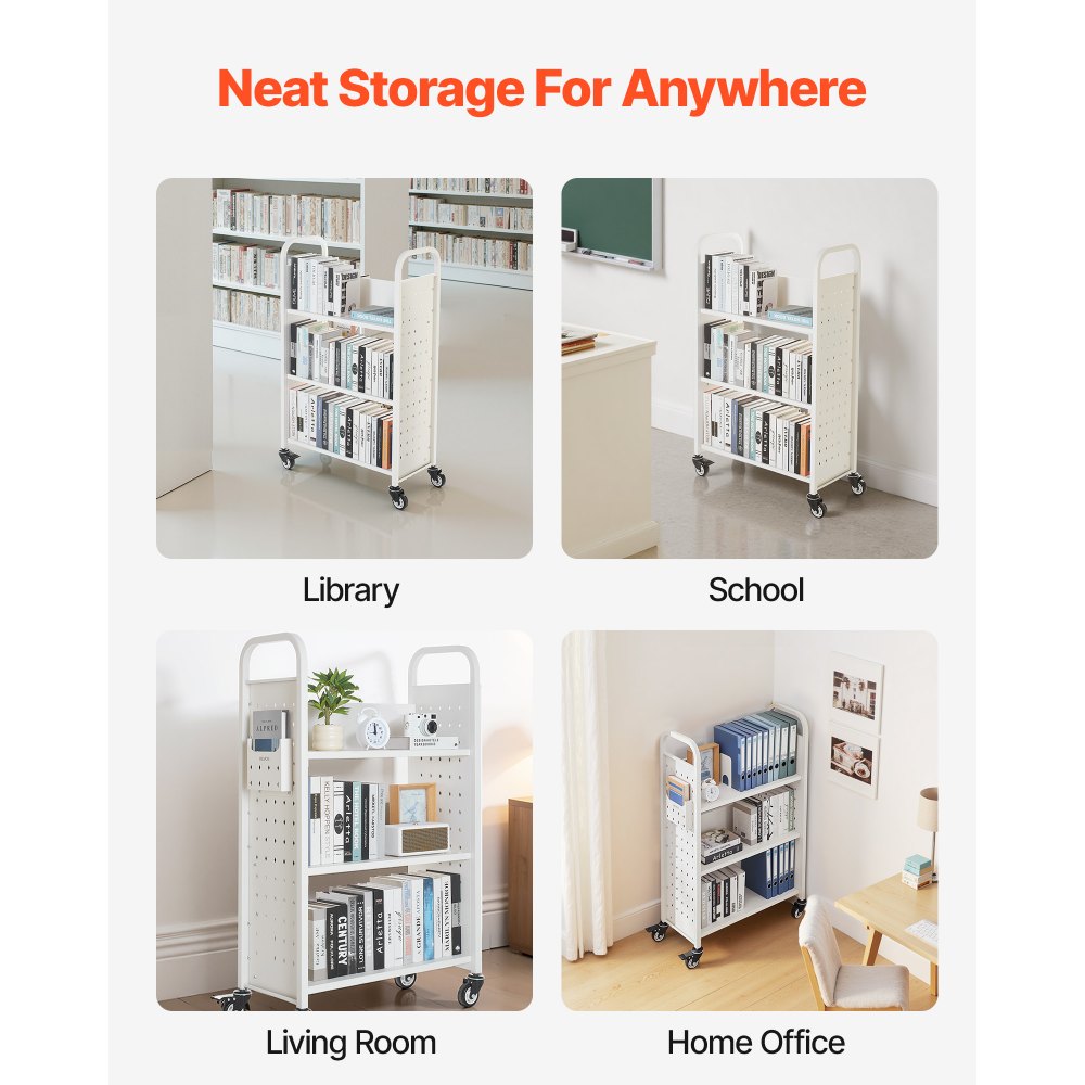 VEVOR Rolling Library Book Cart, 330 lbs Capacity, 30.3 x 15 x 48.0-Inch Library Cart, Single Sided L-Shaped Shelves with 3-Inch Lockable Wheels, Book Truck for Home Shelves Office and School, White