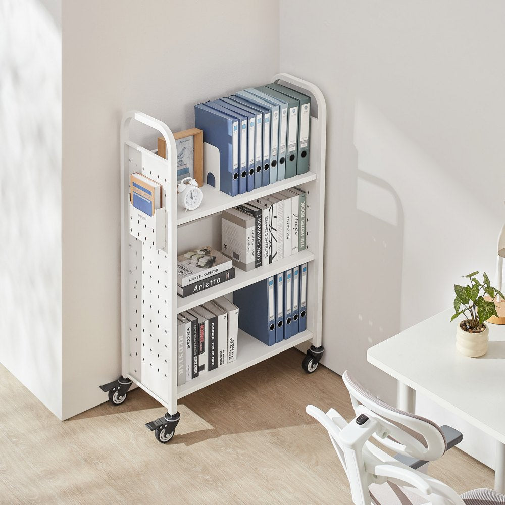 VEVOR Rolling Library Book Cart, 330 lbs Capacity, 30.3 x 15 x 48.0-Inch Library Cart, Single Sided L-Shaped Shelves with 3-Inch Lockable Wheels, Book Truck for Home Shelves Office and School, White