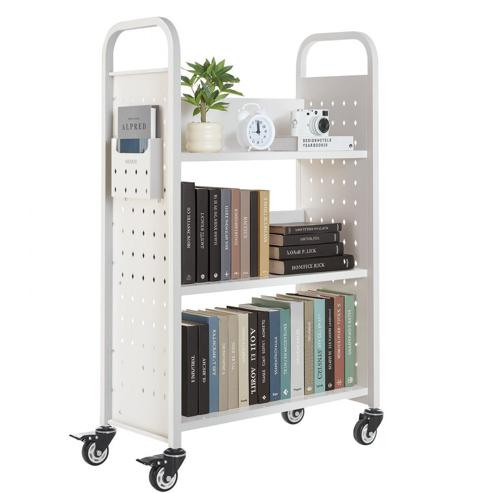 VEVOR Rolling Library Book Cart, 330 lbs Capacity, 30.3 x 15 x 48.0-Inch Library Cart, Single Sided L-Shaped Shelves with 3-Inch Lockable Wheels, Book Truck for Home Shelves Office and School, White