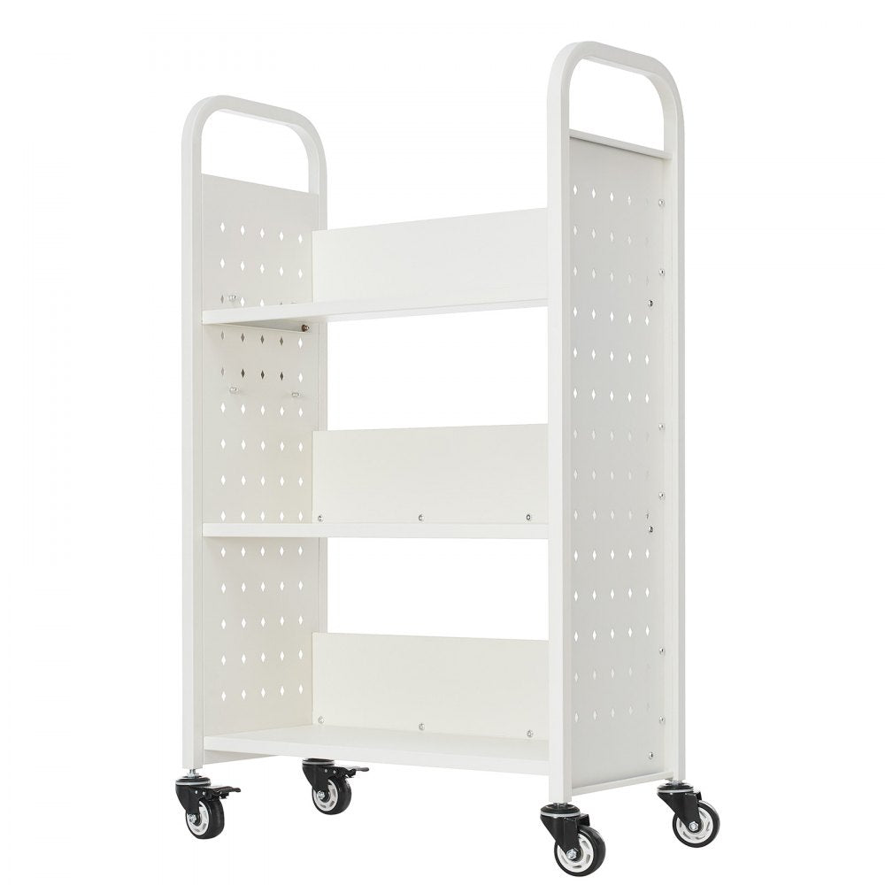 VEVOR Rolling Library Book Cart, 330 lbs Capacity, 30.3 x 15 x 48.0-Inch Library Cart, Single Sided L-Shaped Shelves with 3-Inch Lockable Wheels, Book Truck for Home Shelves Office and School, White