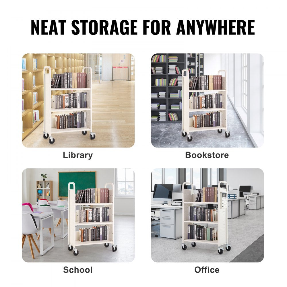 VEVOR Book Cart, 330 lbs Library Cart, 31.1" x 15.2" x 49.2" Rolling Book Cart, Single Sided L-Shaped Flat Shelves with 4-Inch Lockable Wheels for Home Shelves Office and School, Book Truck in White