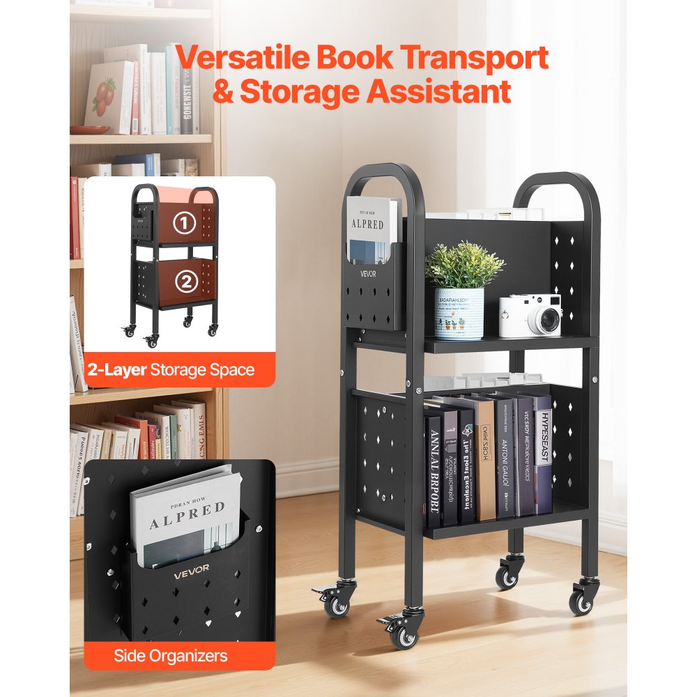 VEVOR Rolling Library Book Cart, 150 lbs Capacity, 17.7 x 13.0 x 34.6-Inch Library Cart, Double Sided L-Shaped Shelves with 2-Inch Lockable Wheels, Book Truck for Home Shelves Office and School, Black