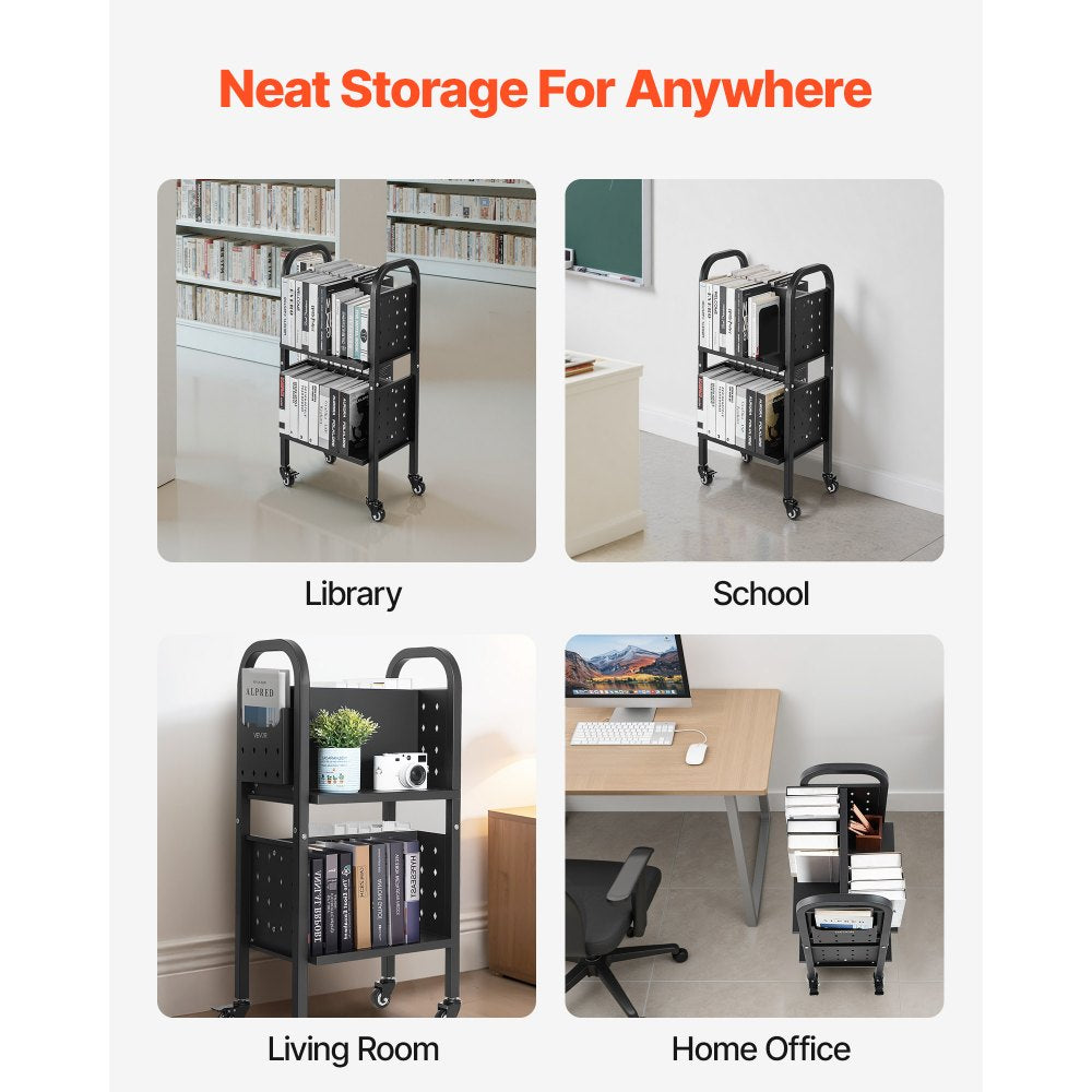 VEVOR Rolling Library Book Cart, 150 lbs Capacity, 17.7 x 13.0 x 34.6-Inch Library Cart, Double Sided L-Shaped Shelves with 2-Inch Lockable Wheels, Book Truck for Home Shelves Office and School, Black