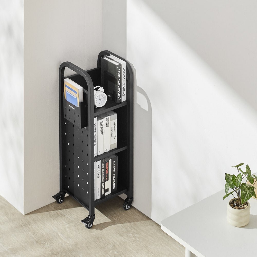 VEVOR Rolling Library Book Cart, 220 lbs Capacity, 12.6 x 13.8 x 36.8-Inch Library Cart, Single Sided L-Shaped Shelves with 2-Inch Lockable Wheels, Book Truck for Home Shelves Office and School, Black