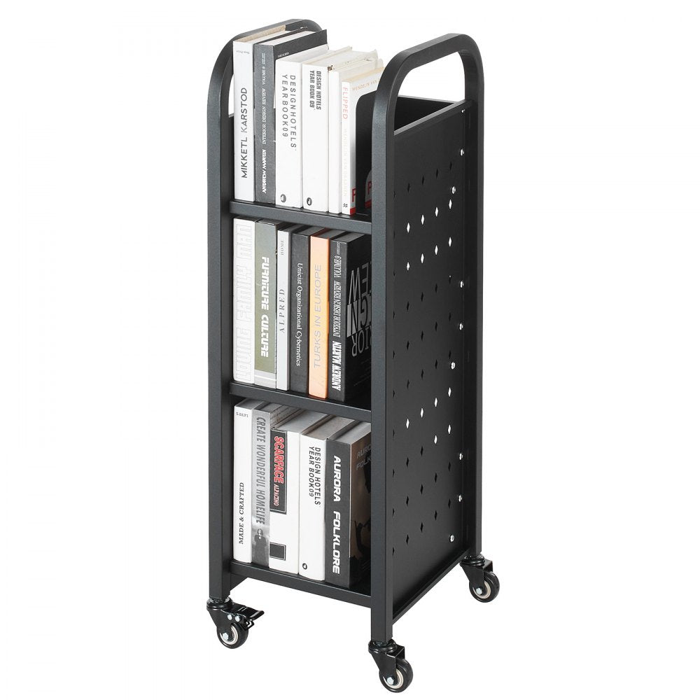 VEVOR Rolling Library Book Cart, 220 lbs Capacity, 12.6 x 13.8 x 36.8-Inch Library Cart, Single Sided L-Shaped Shelves with 2-Inch Lockable Wheels, Book Truck for Home Shelves Office and School, Black