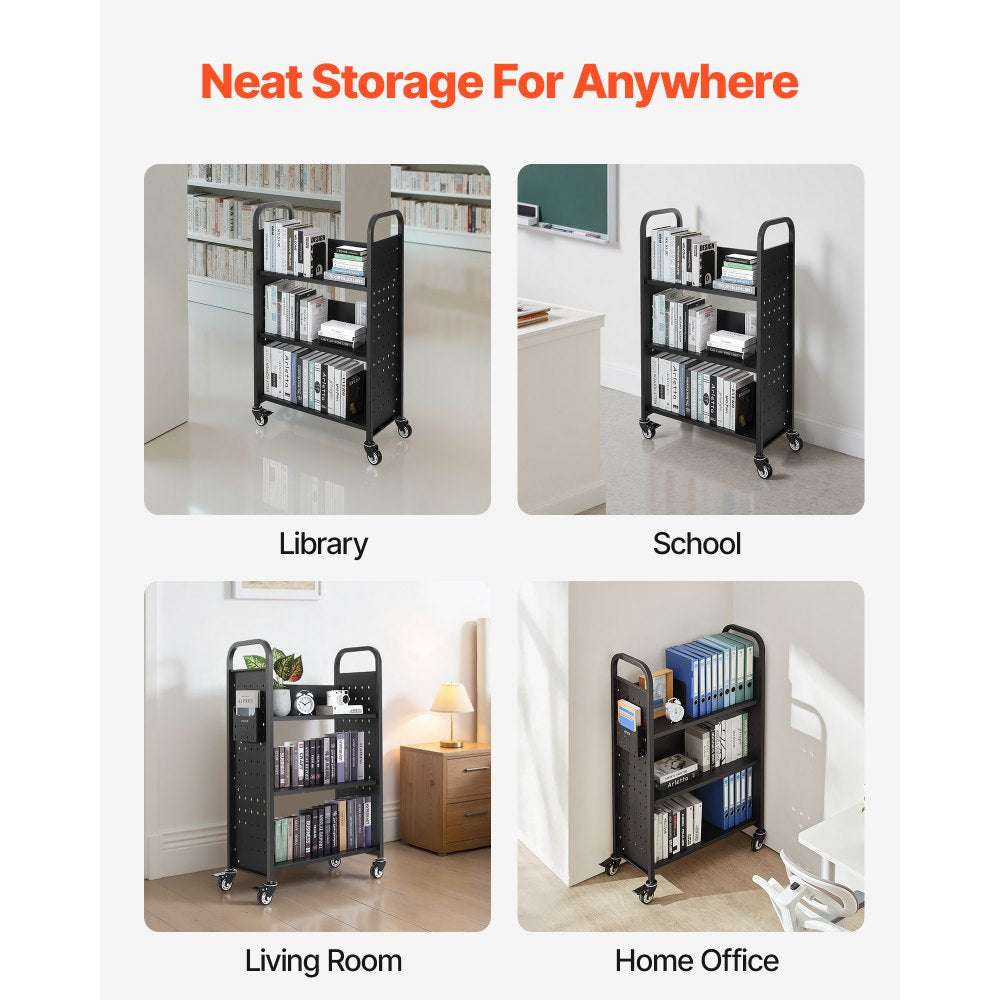 VEVOR Rolling Library Book Cart, 330 lbs Capacity, 30.3 x 15 x 48.0-Inch Library Cart, Single Sided L-Shaped Shelves with 3-Inch Lockable Wheels, Book Truck for Home Shelves Office and School, Black