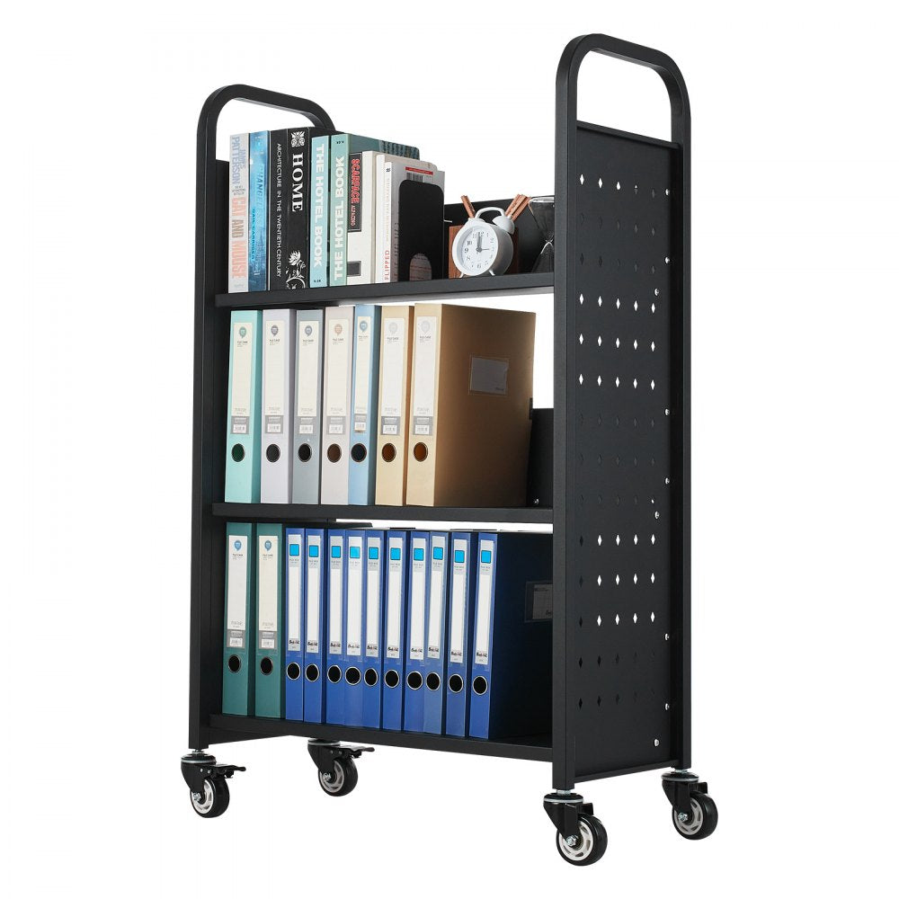 VEVOR Rolling Library Book Cart, 330 lbs Capacity, 30.3 x 15 x 48.0-Inch Library Cart, Single Sided L-Shaped Shelves with 3-Inch Lockable Wheels, Book Truck for Home Shelves Office and School, Black