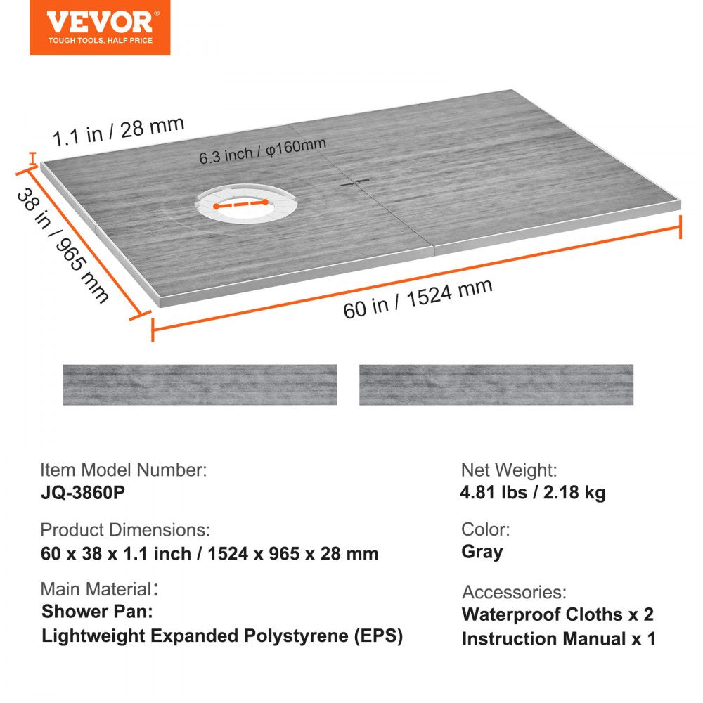 VEVOR Shower Curb Kit, 60"x38" Shower Pan Kit with 6.3" Offset Drain, Lightweight EPS Shower Installation Kits with 2 Waterproof Cloths, Shower Pan Slope Sticks Fit for Bathroom