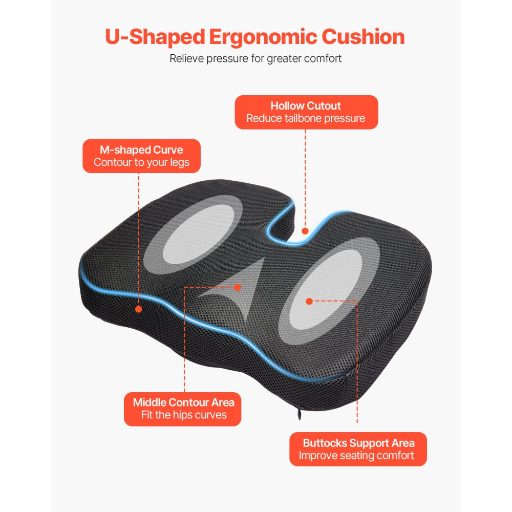 VEVOR Seat Cushion, Cooling Gel + Memory Foam Seat Cushion, Pressure-Relief Wheelchair Seat Pad with U-Shaped Cutout & Removable Cover, Lightweight and Portable for Travel, Car, Office, Airplane