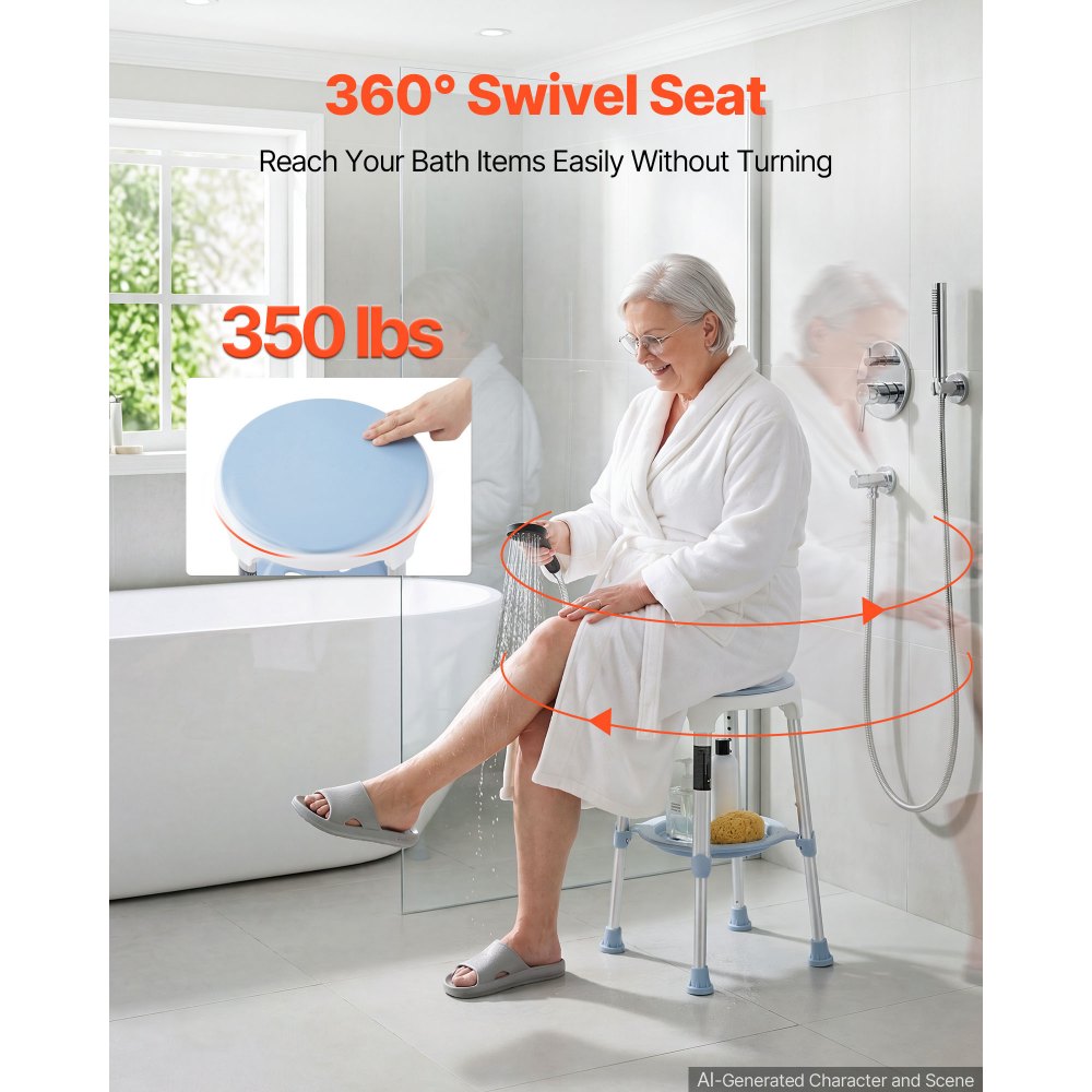 VEVOR Swivel Shower Chair 360 Degree, Height Adjustable Bath Seat for Inside Showers or Tubs, Non-Slip Rotating Bathtub Stool with Storage Tray for Elderly Disabled Injured, 350LBS Capacity