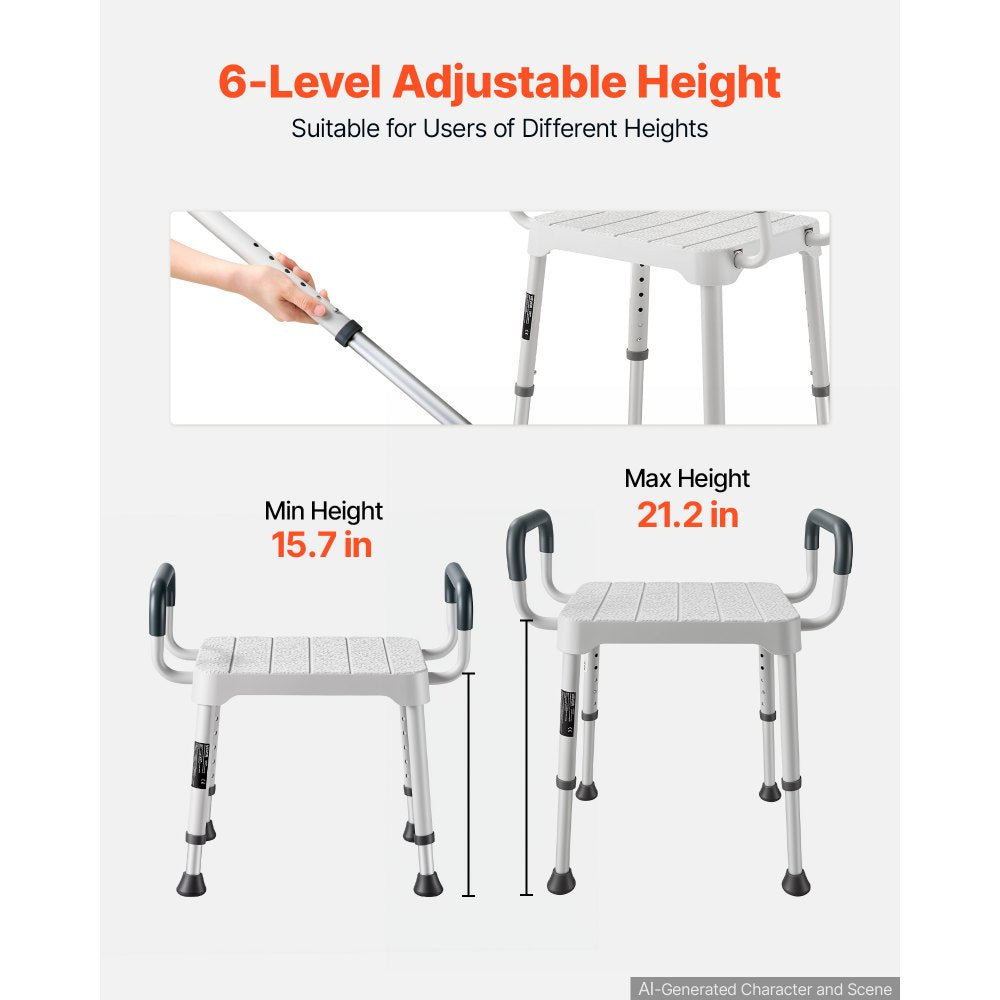 VEVOR Shower Chair with Armrest, 6-Level Height Adjustable Bath Seat for Inside Shower or Tubs, Non-Slip Bathroom Bathtub Chair for Elderly Disabled Injured, 400LBS Capacity