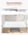 VEVOR Shower Pan alcove installation graphic showing single-threshold 3-wall alcove design