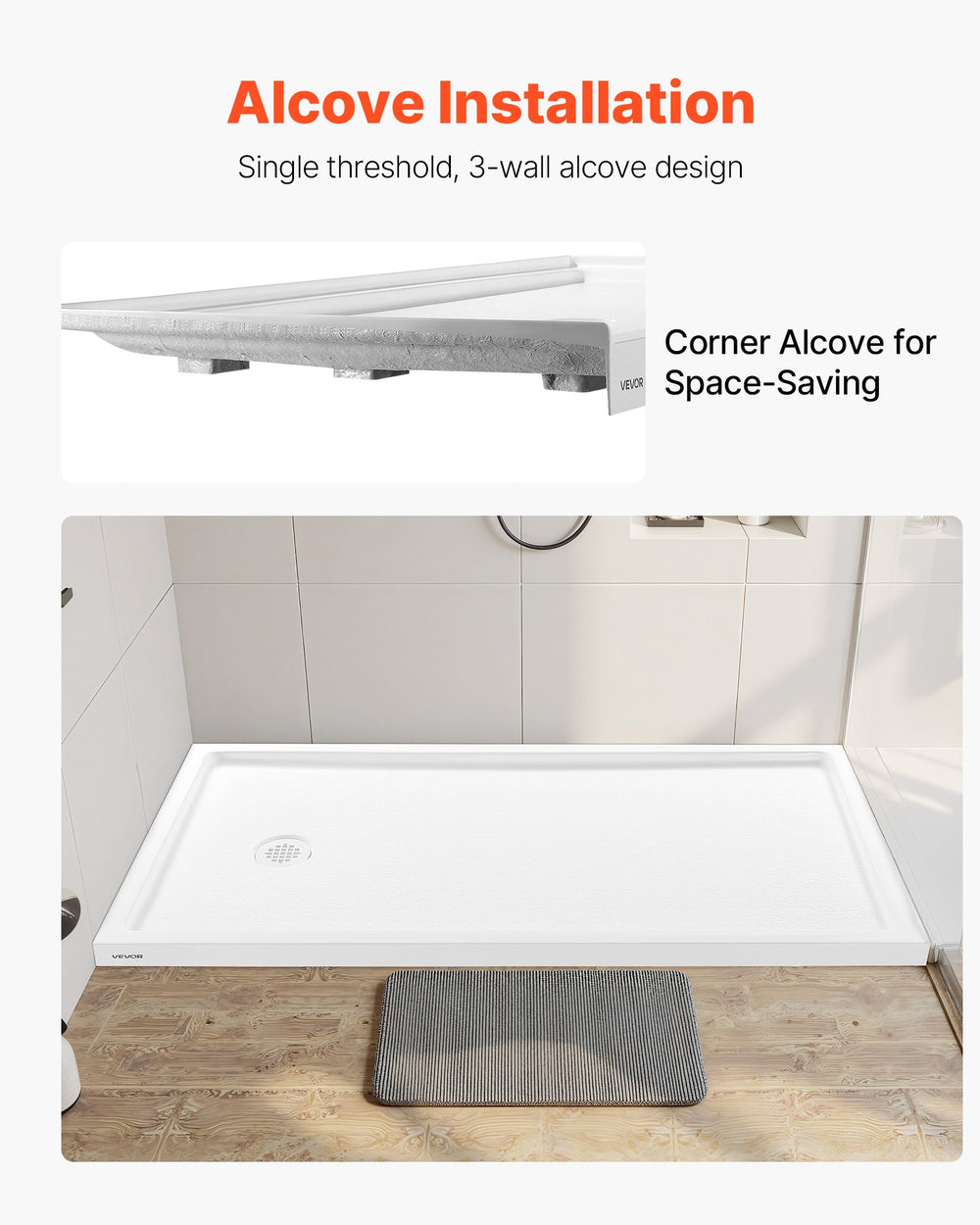 VEVOR Shower Pan alcove installation graphic showing single-threshold 3-wall alcove design