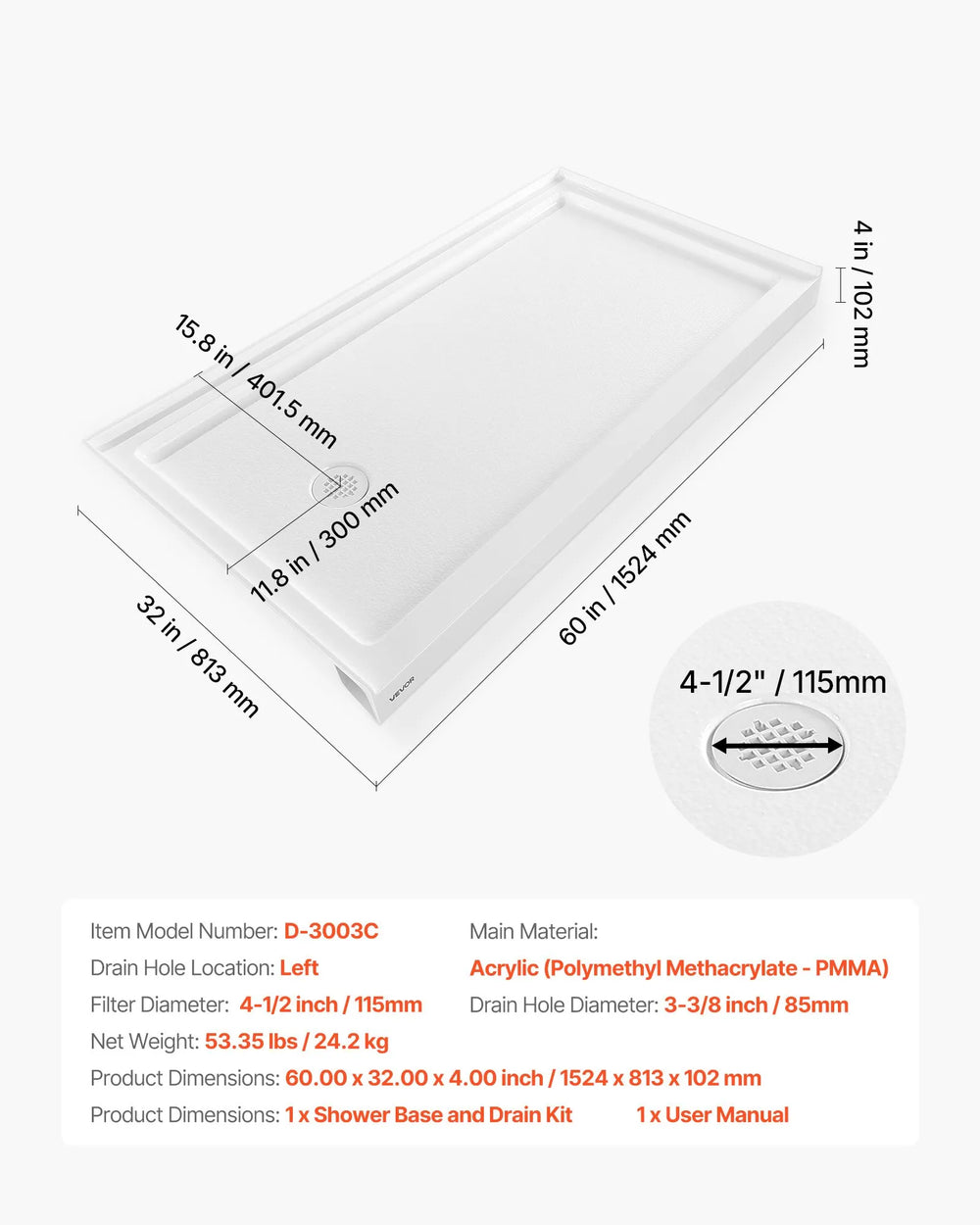 VEVOR Shower Pan - technical diagram and key measurements