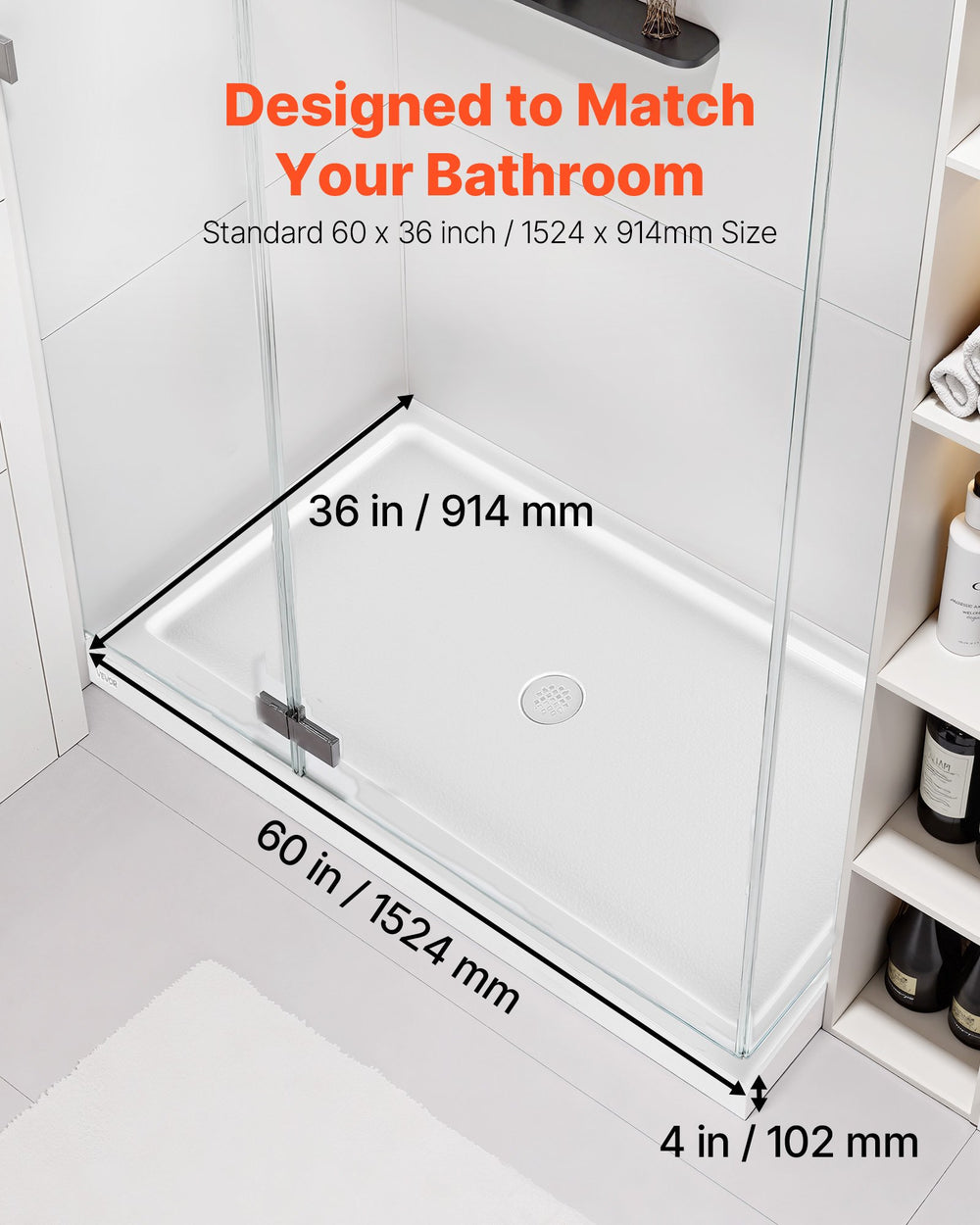 VEVOR shower pan size diagram showing 60 x 36 x 4 inch dimensions
