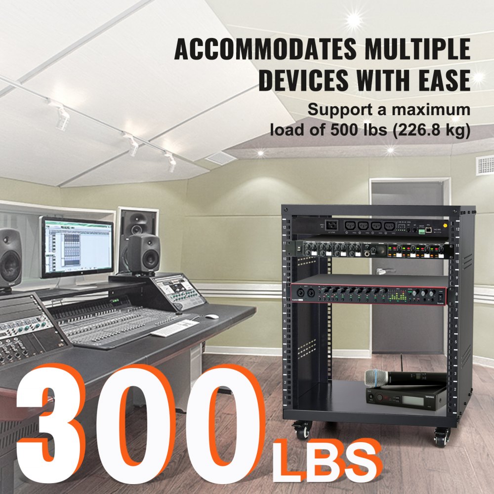 VEVOR 12U AV Rack Stand, 300 lbs Capacity, Network Stereo Recording Studio Rack with Lockable Caster Wheels Round & Square Holes, Special Vents for 19" Audio Video Musical & IT Equipment Mounting