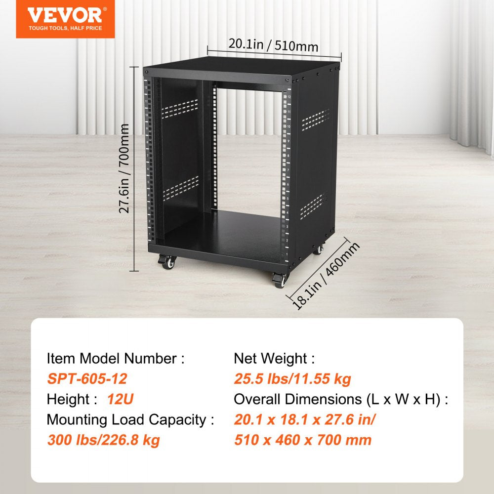 VEVOR 12U AV Rack Stand, 300 lbs Capacity, Network Stereo Recording Studio Rack with Lockable Caster Wheels Round & Square Holes, Special Vents for 19" Audio Video Musical & IT Equipment Mounting
