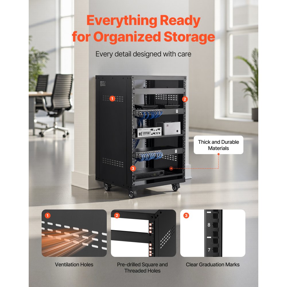 VEVOR 16U AV Rack, 200 lbs Max Capacity, Home Recording Studio Rack with Lockable Caster Wheels, Open Frame Server Cabinet, Special Vent Design, for 19-Inch Audio Video Musical & IT Equipment Mounting