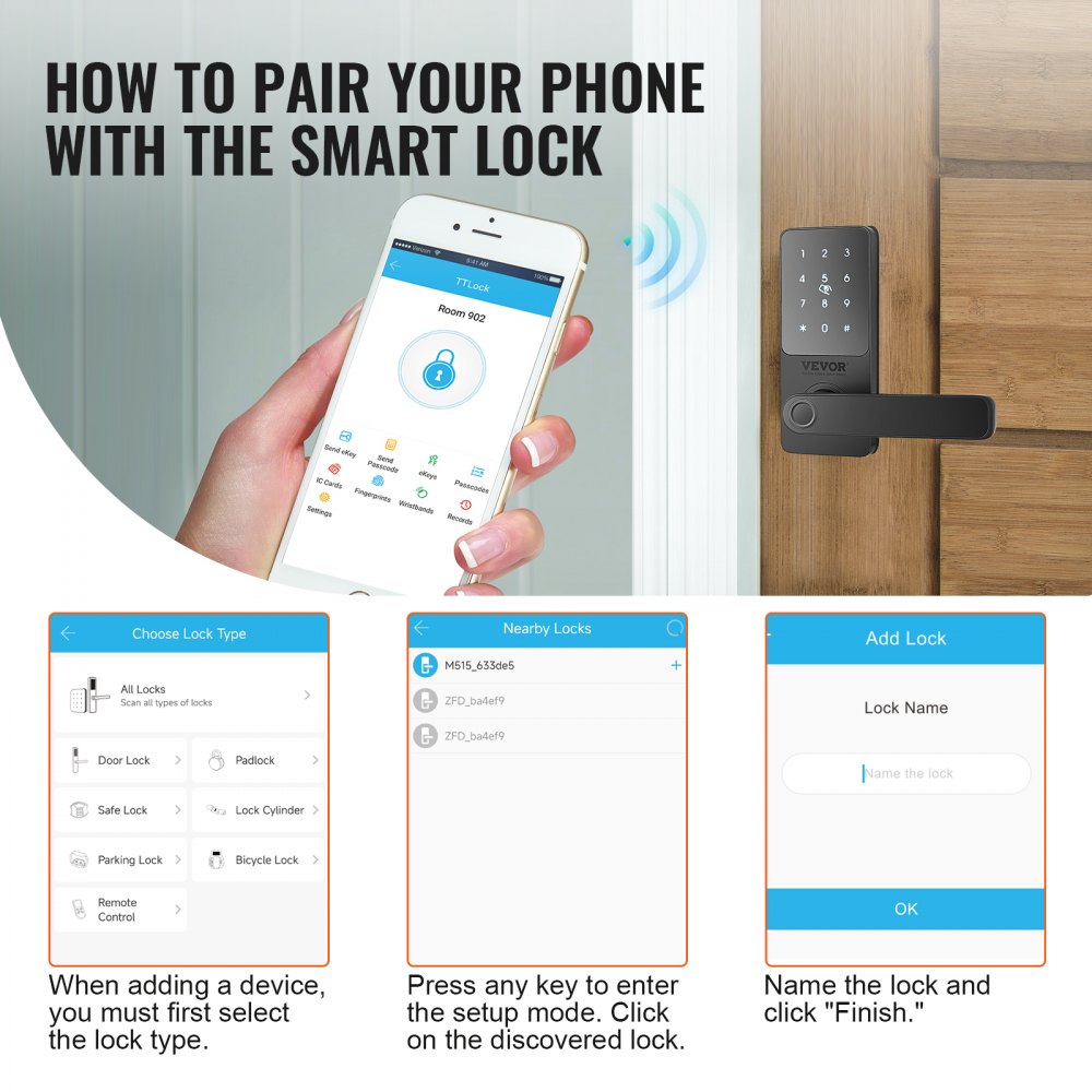 VEVOR Smart Lock, 5-in-1 Smart Door Knob, Fingerprint Deadbolt with App Control, Bluetooth Smart Lock, Keyless Entry Door Lock with Handle, Biometric Door Lock, Keypad Digital Door Lock for Front Door