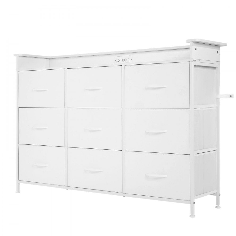 VEVOR 9 Drawer Dresser, Fabric Drawer Dresser with Fabric Bin, Storage Drawers with Sturdy Metal Frame, LED Lights & Built-in Outlet, Fabric Storage Tower for Bedroom, Hallway, White