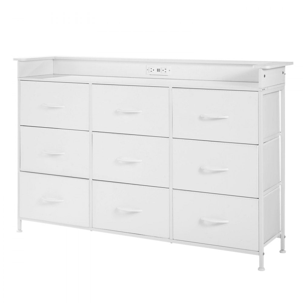 VEVOR 9 Drawer Dresser, Fabric Drawer Dresser with Fabric Bin, Storage Drawers with Sturdy Metal Frame, LED Lights & Built-in Outlet, Fabric Storage Tower for Bedroom, Hallway, White