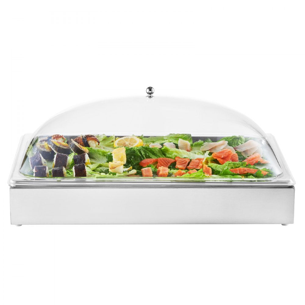 VEVOR Countertop Food Serving Display Container, 1 x 1 Pan Stainless Steel Food Serving Tray, Buffet Condiment Dispenser Display Rack with Clear Arc Lid & 3 Ice Trays, for Restaurant, Hotel, Party