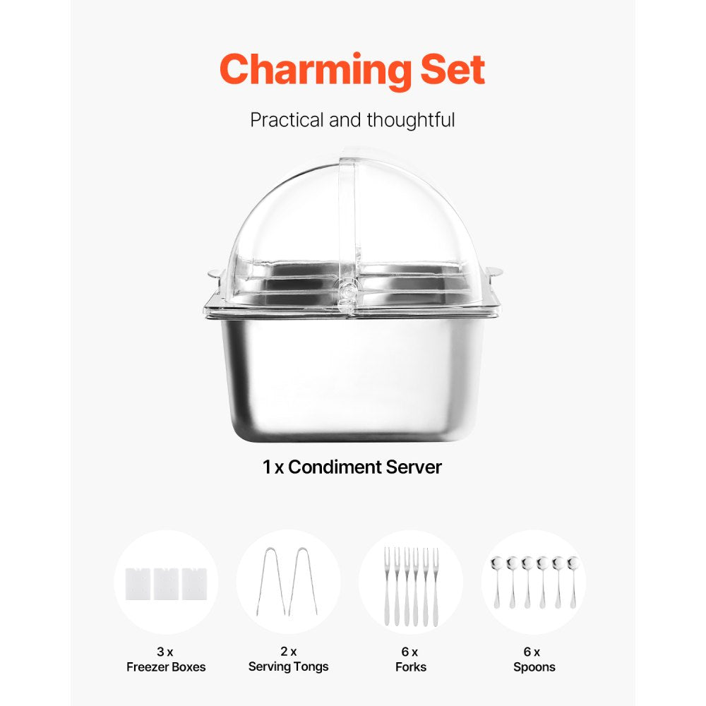 VEVOR Countertop Food Serving Display Container, 5 Pan Stainless Steel Food Serving Tray, Buffet Condiment Dispenser Display Rack with Clear Lid & 3 Freezer Boxes, for Restaurant Hotel Kitchen Party