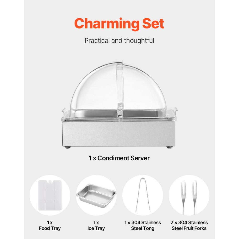 VEVOR Countertop Food Serving Display Container, 1 x 1/2 Pan Stainless Steel Food Serving Tray, Buffet Condiment Dispenser Display Rack with Clear Lid & Ice Tray, for Restaurant Hotel Kitchen Party