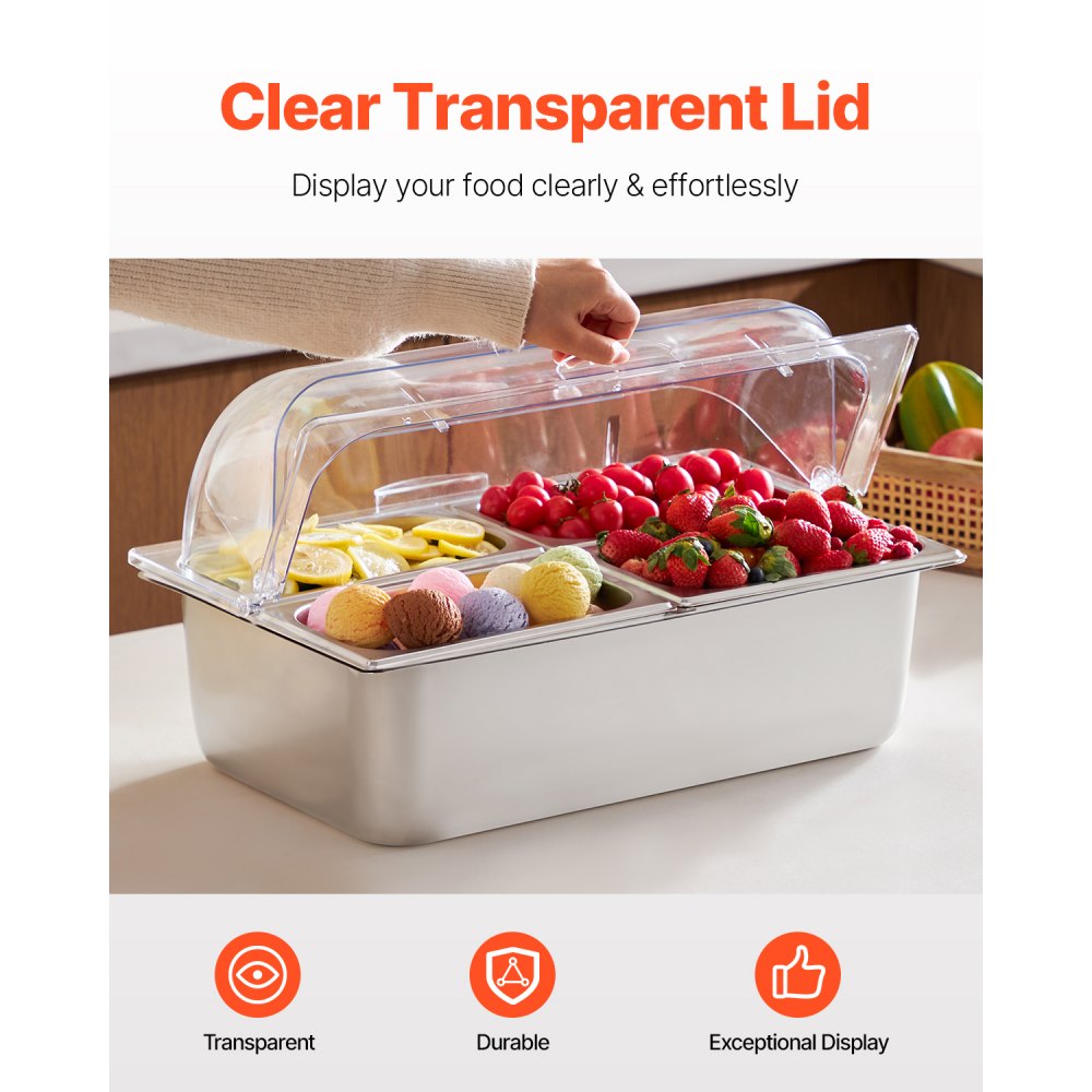 VEVOR Countertop Food Serving Display Container, 4 Pan Stainless Steel Food Serving Tray, Buffet Condiment Dispenser Display Rack with Clear Lid & 3 Freezer Boxes, for Restaurant Hotel Kitchen Party