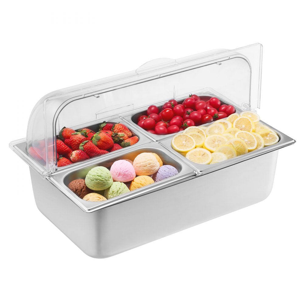 VEVOR Countertop Food Serving Display Container, 4 Pan Stainless Steel Food Serving Tray, Buffet Condiment Dispenser Display Rack with Clear Lid & 3 Freezer Boxes, for Restaurant Hotel Kitchen Party