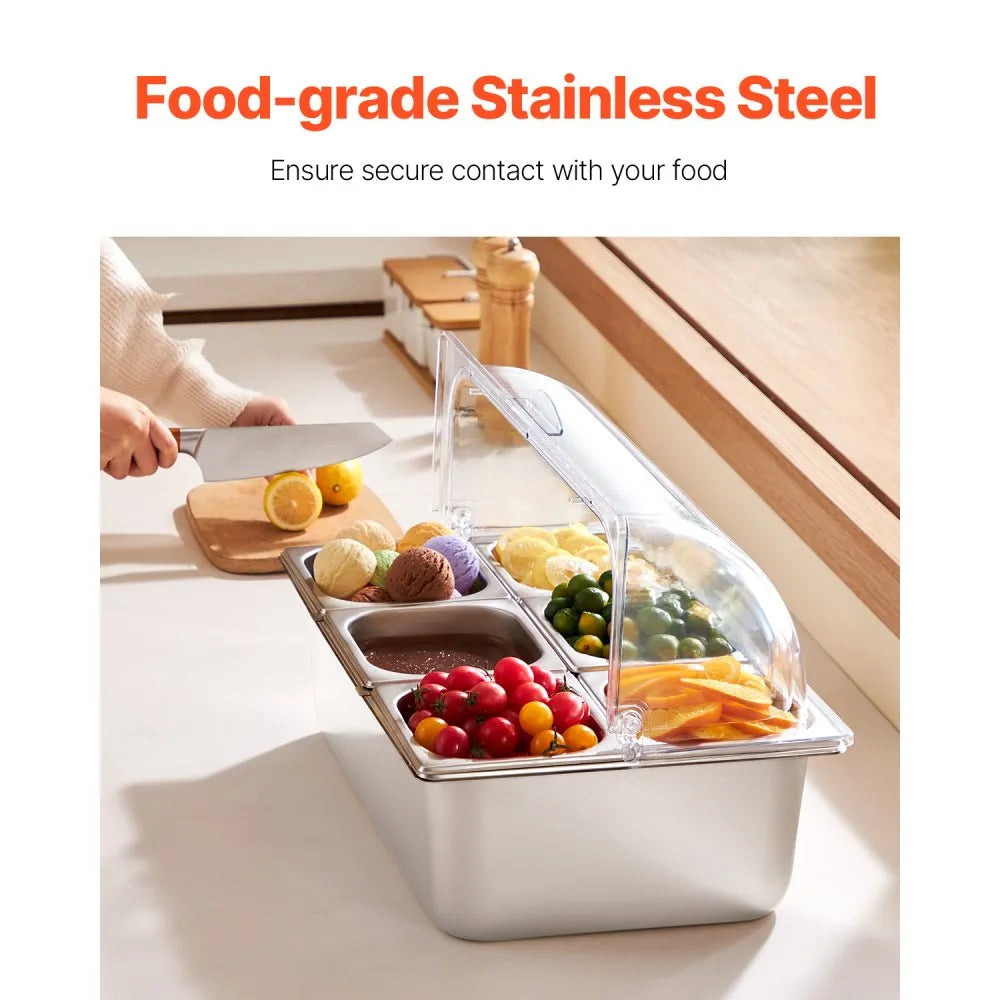 VEVOR Countertop Food Serving Display Container, 6 Pan Stainless Steel Food Serving Tray, Buffet Condiment Dispenser Display Rack with Clear Lid & 3 Freezer Boxes, for Restaurant Hotel Kitchen Party