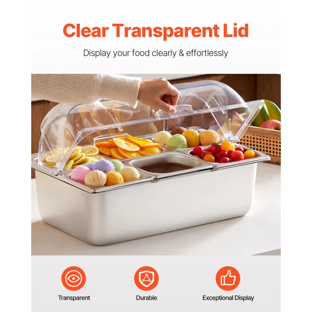 VEVOR Countertop Food Serving Display Container, 6 Pan Stainless Steel Food Serving Tray, Buffet Condiment Dispenser Display Rack with Clear Lid & 3 Freezer Boxes, for Restaurant Hotel Kitchen Party