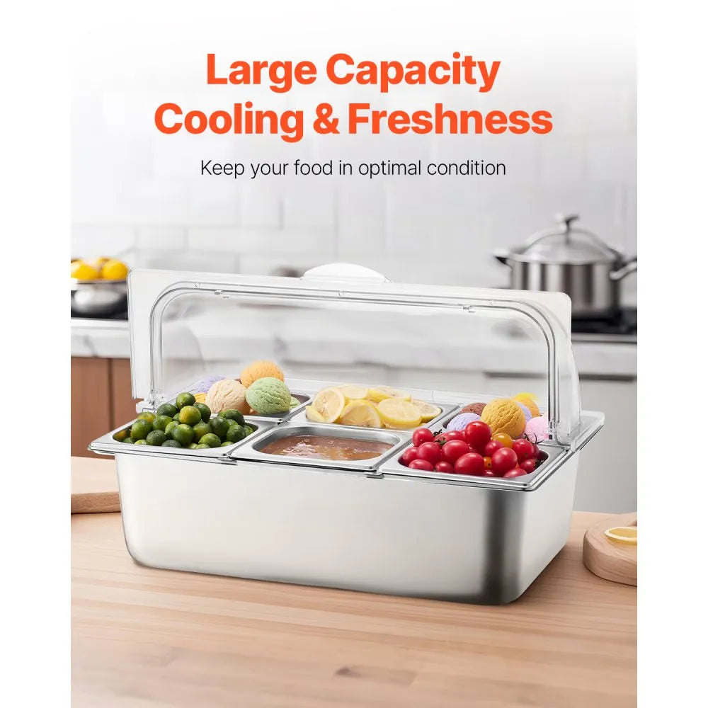 VEVOR Countertop Food Serving Display Container, 6 Pan Stainless Steel Food Serving Tray, Buffet Condiment Dispenser Display Rack with Clear Lid & 3 Freezer Boxes, for Restaurant Hotel Kitchen Party
