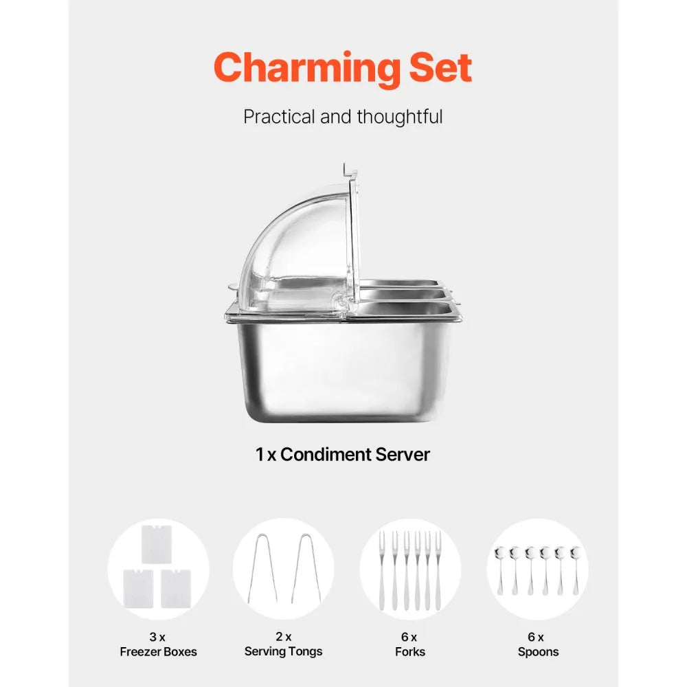 VEVOR Countertop Food Serving Display Container, 6 Pan Stainless Steel Food Serving Tray, Buffet Condiment Dispenser Display Rack with Clear Lid & 3 Freezer Boxes, for Restaurant Hotel Kitchen Party