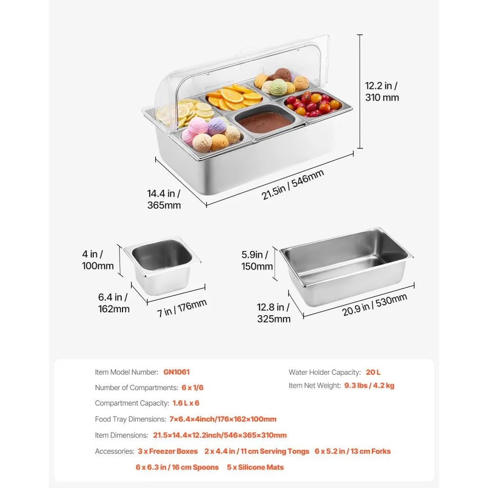 VEVOR Countertop Food Serving Display Container, 6 Pan Stainless Steel Food Serving Tray, Buffet Condiment Dispenser Display Rack with Clear Lid & 3 Freezer Boxes, for Restaurant Hotel Kitchen Party