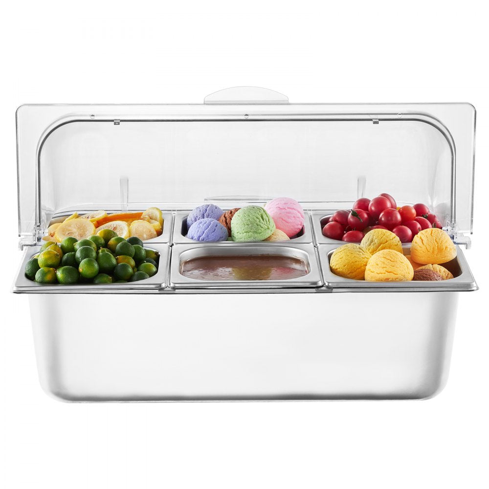 VEVOR Countertop Food Serving Display Container, 6 Pan Stainless Steel Food Serving Tray, Buffet Condiment Dispenser Display Rack with Clear Lid & 3 Freezer Boxes, for Restaurant Hotel Kitchen Party