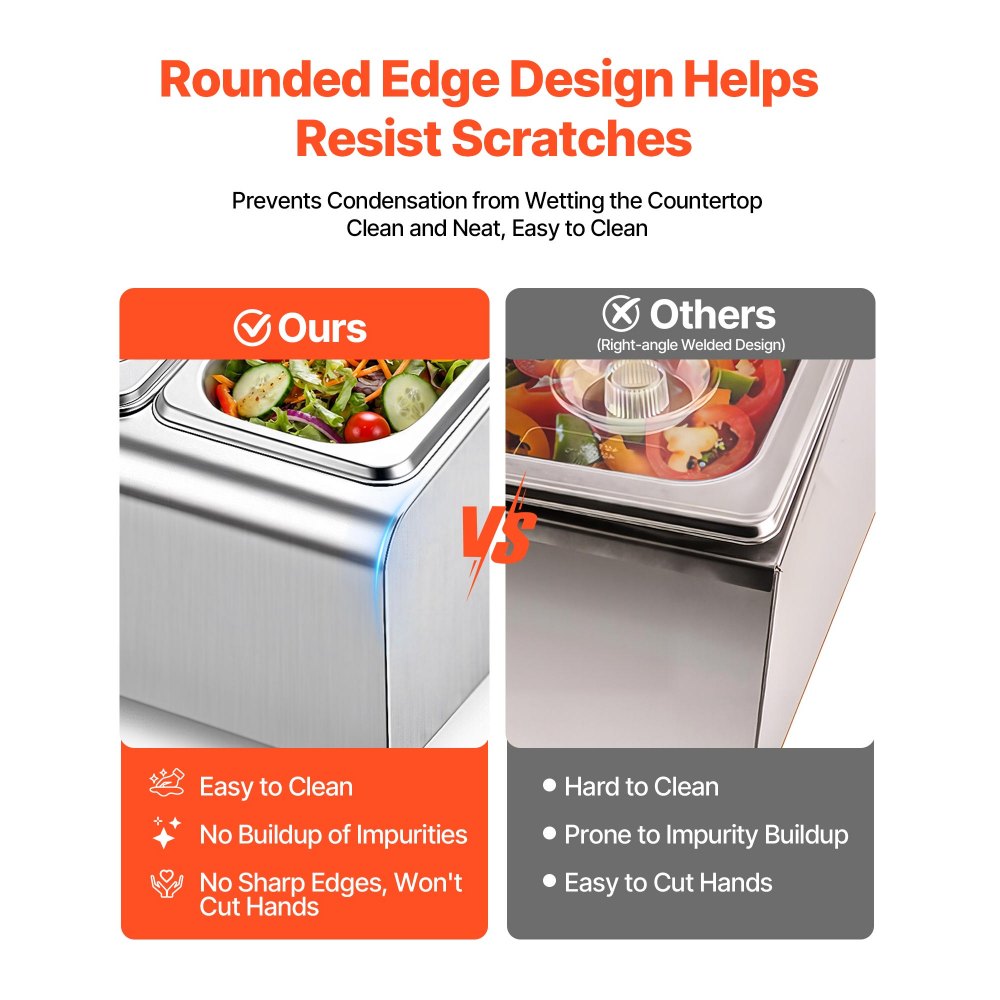 VEVOR Countertop Food Serving Display Container, Stainless Steel Food Salad Server Tray, Buffet Condiment Dispenser, Ice Cooled Rack with Separate Lid, for Restaurant Hotel Kitchen (2x1/6+3x1/9 Pan)