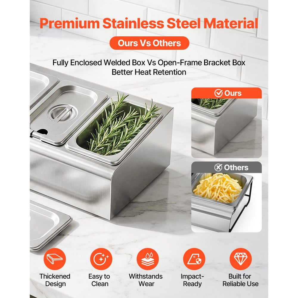 VEVOR Countertop Food Serving Display Container, Stainless Steel Food Salad Server Tray, Buffet Condiment Dispenser, Ice Cooled Rack with Separate Lid, for Restaurant Hotel Kitchen (2x1/6+3x1/9 Pan)