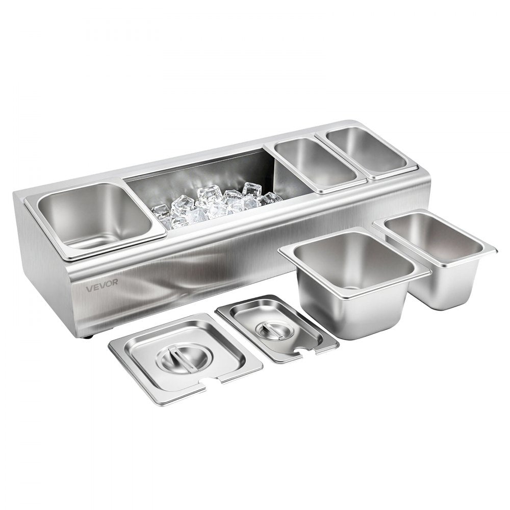 VEVOR Countertop Food Serving Display Container, Stainless Steel Food Salad Server Tray, Buffet Condiment Dispenser, Ice Cooled Rack with Separate Lid, for Restaurant Hotel Kitchen (2x1/6+3x1/9 Pan)
